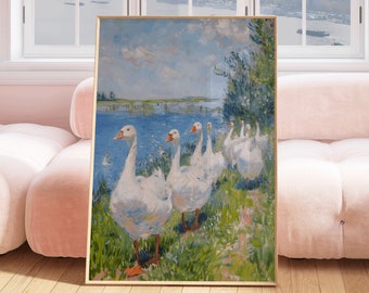 Marching Geese, printable mother goose garden nursery wall art antique landscape painting vintage nature print farm kitchen printable