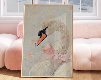 White Swan Pink Ribbon Art, swan pink bow print, soft pink girly nursery painting, dreamy balletcore wall art, pastel coquette aesthetic