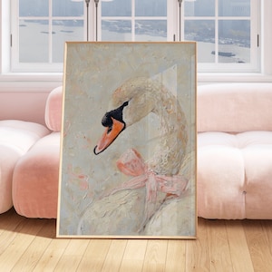 Witte zwaan Pink Ribbon Art, print zwaanroze strik, zachtroze girly kinderkamerschilderij, dromerige balletcore kunst aan de muur, pastel coquette esthetiek