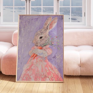 Lady Rabbit Print, bunny nursery prints, girl room printable wall art, pink baby room decor, woodland decore, digital download