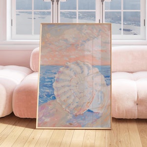 Colorful Pastel Seashell Painting, girly beach house wall art print, coastal grandma printable, trendy pink blue