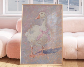 Goose Girl Print, cute goose poster pink girl nursery decor farm animal printable, kid's room illustration goose children's room silly goose