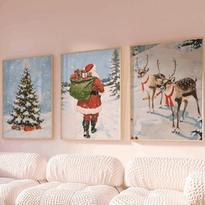 Printable Vintage Christmas Wall Art, Neutral Set of 3 Farmhouse Christmas Decor Wall Art, Winter Holiday Paintings, Christmas Prints Set