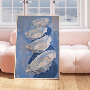 Blue Oyster Shell Painting, abstract coastal beach house wall art, dining room printable digital download, summer seafood kitchen print