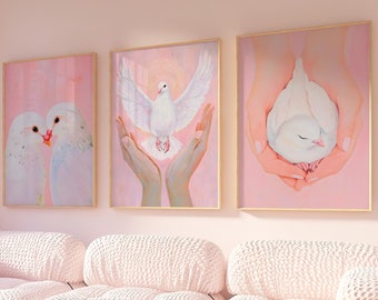Set of 3: White Doves, pink and white wall art, holy spirit dove wall, 3 piece wall art, peace dove poster, set of 3 prints room decor