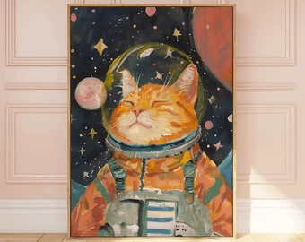 May include: A painting of an orange tabby cat wearing an astronaut suit and helmet, floating in space with stars and planets in the background.