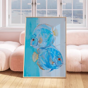 Abstracte Discusvissen, Discusaquariumvissen, Modern Kustmuurdecor, Aquariumkunstwerk, Engelviskunst, Strandhuiskunst, Blauwe Vis Schilderij