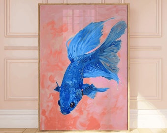 Pez Betta abstracto, arte de pared de habitación para niñas, arte de pared minimalista, pintura de peces, carteles de bellas artes, obras de arte costeras, arte de pared estético rosa