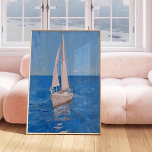 Pink Sailboat Painting, sunset art print, coastal wall decor, beach house printable, summer ocean landscape, seashore digital download