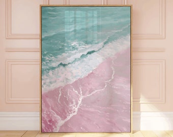 Pink Beach Wall Art, roze oceaanprint, bloosroze decor, roze slaapkamerprint, roze blauwe muurkunst, pastel strandkunst, roze kustdecor