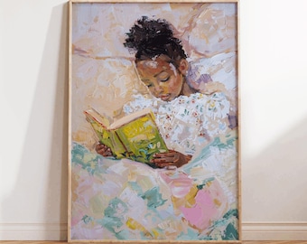 Black Queen Reading Art Print, een zwarte vrouw die van lezen houdt, boek hoofd vrouw poster, zwarte vrouw hoofd boekkunst, zwart meisje leesboek