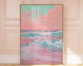 Pink Beach Wall Art, roze oceaanprint, bloosroze decor, roze slaapkamerprint, roze blauwe muurkunst, pastel strandkunst, roze kustdecor