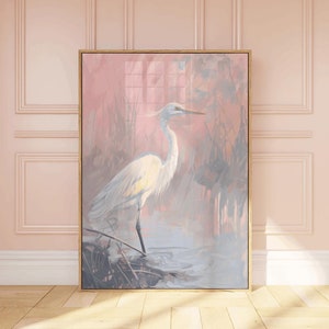 White Heron at Sunset Painting, egret shore bird wall art print, coastal beach house digital download, pastel summer marsh printable