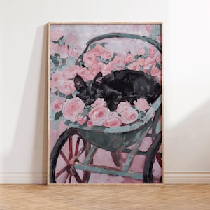 Sleeping Black Cat Print, farmhouse printable wall art, rustic aesthetic decor, black cat painting, neutral plant art, pet cat art