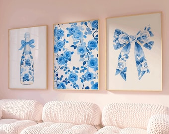 Set of 3 Blue floral coastal coquette prints, preppy aesthetic bow wall prints, coastal preppy wall art, coastal granddaughter, preppy art