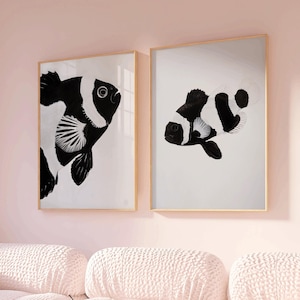 Set of 2 Black Clownfish, clownfish wallart, ocellaris clownfish, nemo art print, fish print, fishes artful print, printable fish art