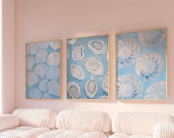 Set Of 3 Sea Shell Prints, trendy coastal aesthetic, beach prints, coastal wall art, seashell print, oyster shell print, scallop print
