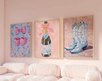 Set of 3: Chinoiserie 3 Piece Wall Art, aesthetic blue white pink, set of 3 prints room decor, aesthetic y2k, champagne bow, coastal cowgirl