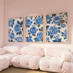 Conjunto de 3 artes de parede Chinoiserie, estampa floral vintage azul, pôsteres azuis, download digital, decoração de parede azul claro, impressões de arte estética