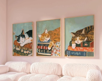 Set di 3 Cat Library, cameretta per gatti, dipinto di gatto cottagecore, gatto da fattoria, gatto della notte stellata, arte murale per sala studio, arte murale per sala lettura