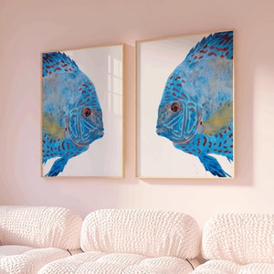 Set of 2 Blue Discus Art, tropical fish artwork set of 2 prints, discus fish, modern coastal wall decor, marine beach house, angel fish art