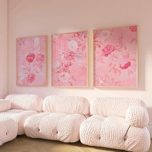 Juego de 3 cuadros de arte chinoiserie en color rosa, estampado floral vintage en color rosa, carteles en color rosa, descarga digital, decoración de pared en color rosa antiguo, impresiones artísticas estéticas