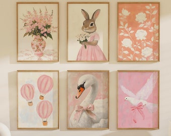Pink Nursery Gallery Wall Set, Vintage Kids Room Decor, Girls Gallery Art, Antique Wall Set, Digital Download, Nursery Set, cottagecore wall