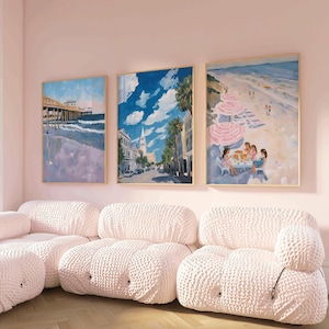 Set Of 3 Pastel Pink Blue Charleston South Carolina, rainbow row street, coastal gallery print, church street, coastal town, beach gallery