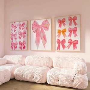 Set of 3 Bow Art Print, coquette room decor aesthetic, girly posters, college apartment decor, pink dorm print, love shack, pink wall art