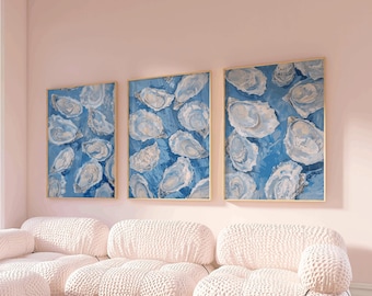 Set of 3 Blue Oyster Shell Painting, abstract coastal beach house wall art, dining room printable digital download, set of 3 coastal print