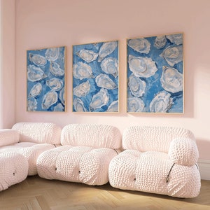 Set of 3 Blue Oyster Shell Painting, abstract coastal beach house wall art, dining room printable digital download, set of 3 coastal print