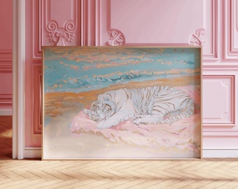 Pink Beach Tiger Print, retro tiger pink preppy maximalist wall art, tiger sunglsses, preppy aesthetic room decor, trendy tiger print