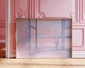 Impression murale côtière coucher de soleil, art de l'océan cottagecore, impression d'art de plage vintage, peinture sur l'océan, décoration de maison de plage, gros caractères, art mural côtier