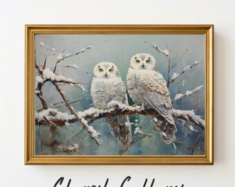 Par de búhos nevados, regalos de búhos nivales, impresiones de arte de búhos, pájaro vintage de arte imprimible, arte de aves caprichosas, arte de aves realista, arte amante de los búhos