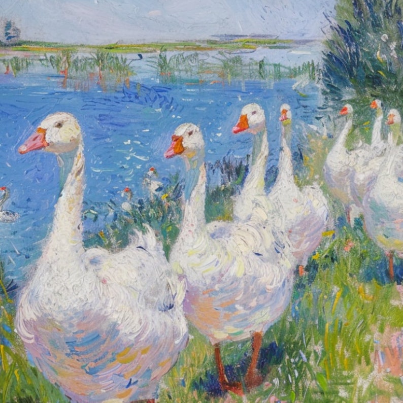 May include: A painting of five white geese swimming in a blue pond. The geese are painted in a loose, impressionistic style with visible brushstrokes. The pond is surrounded by green reeds and trees.