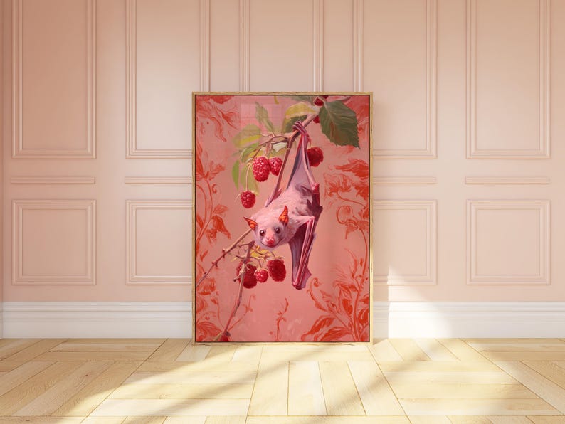 May include: A pink bat hangs upside down from a branch with red berries. The bat has a white face and is surrounded by a pink and red floral pattern.