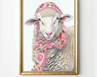 Babushka Merino Sheep Art, decoración de ovejas imprimibles ovejas digital pared arte impresión animales de granja decoración rústica de la casa de campo