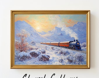 Pase de invierno del tren de vapor, arte de la pared del tren de invierno, tren de Navidad, impresiones de carteles de trenes, arte de pared imprimible de invierno, arte de escenas de invierno