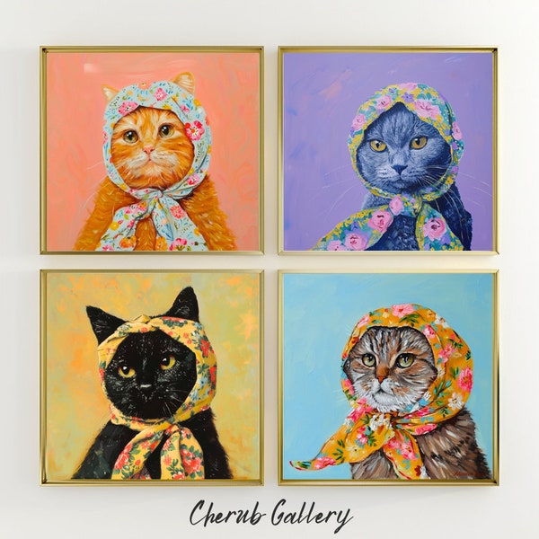 Impressions de chat Babushka, chat peinture portrait numérique chat art mural imprimable chat décoratif peinture lot de 4 art mural chambre de bébé chat