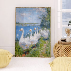 May include: A painting of a group of white geese walking along a grassy bank by a blue lake. The geese are in a line, with their heads held high. The painting is done in a loose, impressionistic style.