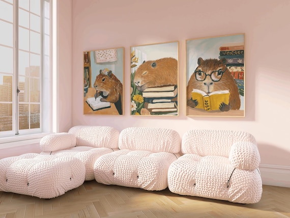 Set of 3: Reading Capybaras, study room wall art, set of three, reading room art, book lover decor, girls study room art, reading fan, monet