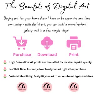 May include: A graphic illustration showing the benefits of buying digital art. The illustration shows a shopping cart, a cloud with a download arrow, and a printer. The text says "High Resolution: All prints are formatted for maximum print quality", "No Wait Time: Instantly download your art right after purchase", and "Customizable Sizing: Easily fit your art to various frame types and sizes".