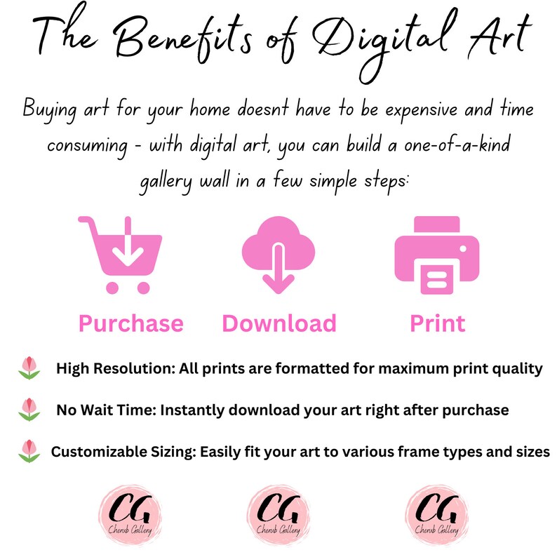 May include: A graphic illustration showing the benefits of buying digital art. The illustration shows a shopping cart, a cloud with a download arrow, and a printer. The text says "High Resolution: All prints are formatted for maximum print quality", "No Wait Time: Instantly download your art right after purchase", and "Customizable Sizing: Easily fit your art to various frame types and sizes".