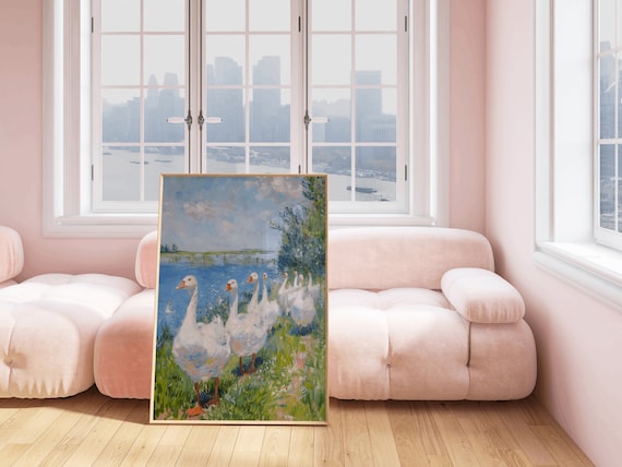 Marching Geese, printable mother goose garden nursery wall art antique landscape painting vintage nature print farm kitchen printable