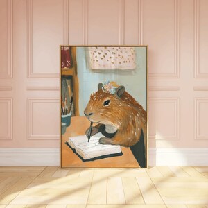 May include: A painting of a capybara wearing a flower crown and writing in a journal with a pen. The capybara is sitting at a table with a book and other items on it. The background is a light blue colour.