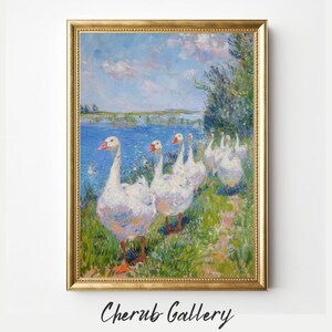 May include: A painting of a group of white geese walking along a grassy path by a blue lake. The geese are in a line, with their heads turned to the side. The painting is done in a style reminiscent of Impressionism, with loose brushstrokes and a focus on light and color.
