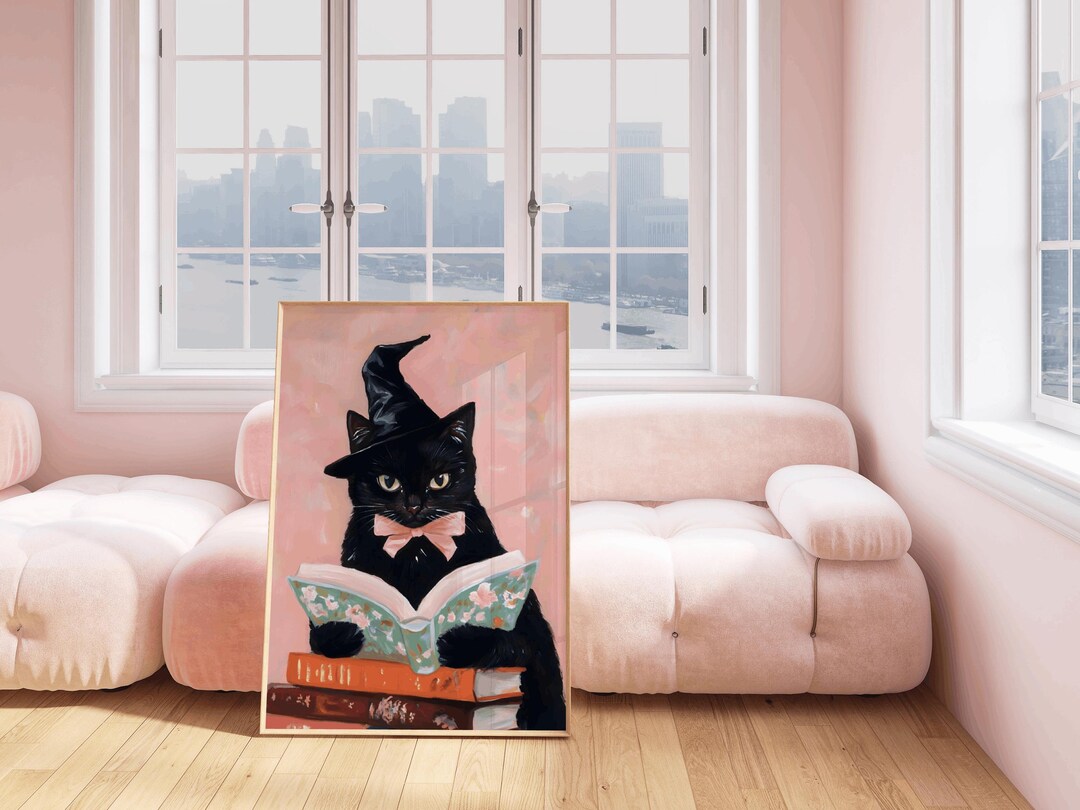 Cute Black Cat Halloween Witchy Print, Vintage Neutral Halloween Wall ...