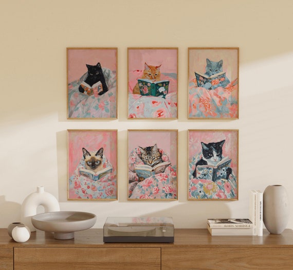 Cats Reading Books, study room wall art, set of Six, set of 6, reading room art, book lover decor, girls study room art, reading fan, monet