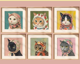 Babushka Cats, set van zes, set van 6, katten kunst aan de muur, boerderijdecor, meisjes studeerkamer kunst, katachtige muurkunst, monet, cottagecore kat print