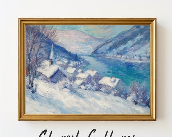 Pueblo nevado de invierno, impresión de pueblo navideño, arte de pared imprimible de invierno, impresión navideña de pueblo pequeño, pintura de pueblo nevado, decoración navideña del hogar